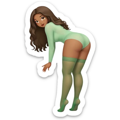 curvy light skinned black women   long hair and  brown eyes, intimate bending over sfw light green nylon stocking pose sticker