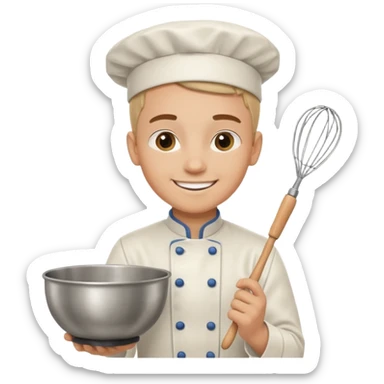 Male Young Pastry Chef – smiling, holding whisk and mixing bowl. sticker
