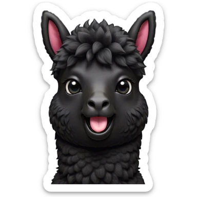 Cinematic Comical Black Alpaca Portrait Emoji, Head tilted dramatically with an exaggeratedly amused expression, featuring a striking jet-black fleece with playful texture, wide, expressive dark eyes filled with playful disbelief, Simplified yet hilariously expressive features, highly detailed, glowing with a slightly sassy glow, high shine, dramatic yet playful, stylized with an air of cheeky mischief, bright and endearing, soft glowing outline, capturing the essence of a spirited and over-the-top alpaca, so meme-worthy it feels like it could side-eye its way into internet fame instantly! sticker
