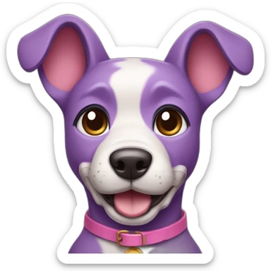 a purple dog with a brown nose and a pink collar with a bone happy  sticker