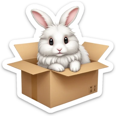  A very cute young Angora long rabbit  with one's head tilted to one side poked its paws out of the cardboard big box and placed them on top of it sticker