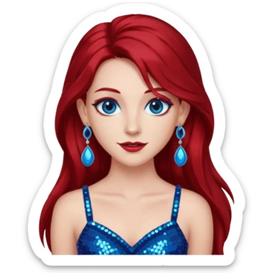 Chappell Roan (b.1998) with long dark red hair, red sequin crop top, red earring, blue eye, makeup sticker