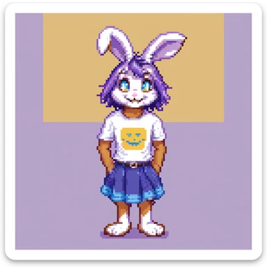 furry anthro male bunny with purple hair, blue eyes, purple and white fur, t-shirt and skirt, pixel art style, smiling sticker