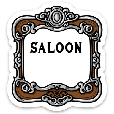 connected BLK letters in western saloon font style with silver outline, old west typography, black text with ornate silver frame sticker
