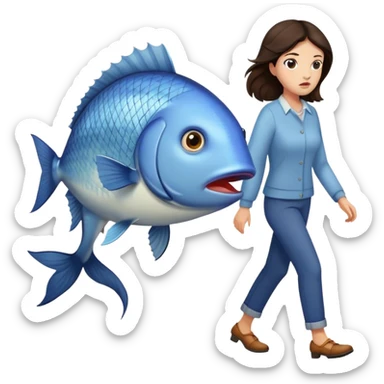 Annoyed Brunette Woman walking with huge fish sticker