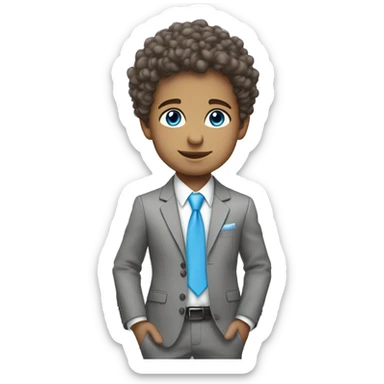 Little young  gentleman wearing a grey suit with white shirt and baby blue tie with blue eyes , white  skin and brown curly hair and full body . Wearing a watch  sticker