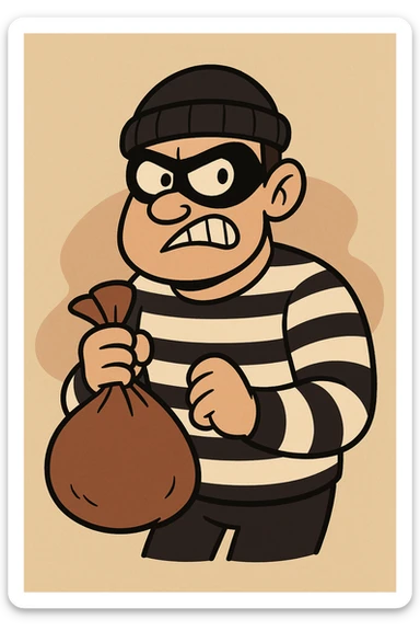 robber character with a black eye mask, black and white striped shirt, holding a sack, cartoon style sticker