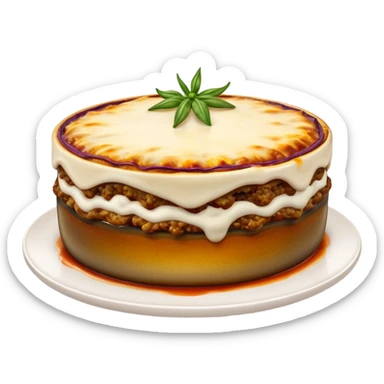 Cinematic Realistic Moussaka Dish Emoji, depicted with layers of eggplant, minced meat, and b√©chamel sauce rendered with rich textures and warm, inviting lighting that captures its Mediterranean flavor. sticker