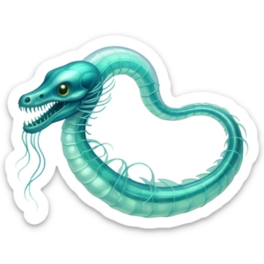 A phosphorescent deep-sea serpent with translucent scales that reveal its glowing skeleton, possessing both jellyfish-like tendrils and the ability to generate electrical pulses that illuminate the ocean depths. sticker