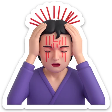person with a headache, red pain lines above head, hands on temples, wincing expression sticker