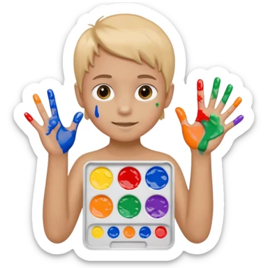 Kid with finger-painted hands and body, palette sticker