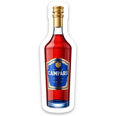 A tall red Campari bottle with a gold cap, bold blue-and-white label, and textured ridged glass at the bottom. Glossy, elegant, iconic look. sticker