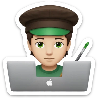 boy working in Macbook, him hat same like painter artist, eyes green color, color hair dark brown sticker