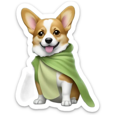 Corgi dress as yoda with one light saber green sticker