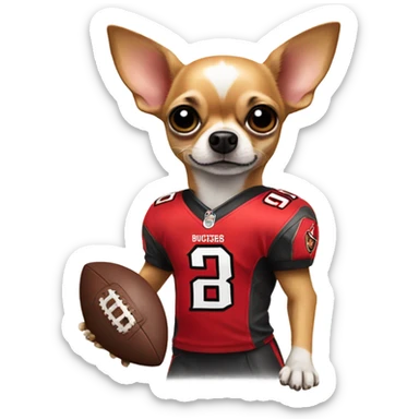 Chihuahua playing football wearing a buccaneers jersey sticker