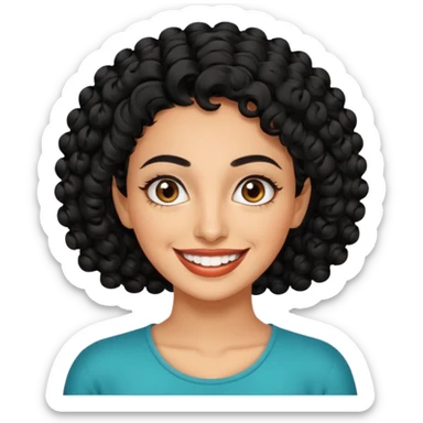 30 year old iranian woman very short curly black hair, big brown eyes, tanned skin, big smile, white teeth, pretty sticker