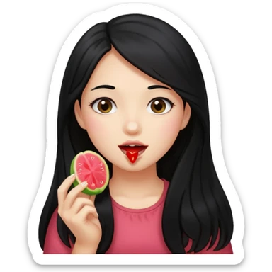 A girl with long black hair holding a piece of guava hard candy and pretending to eat it sticker