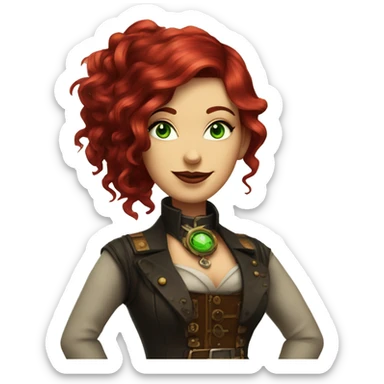 a steampunk woman with ruby red hair and green eyes looking pleased sticker