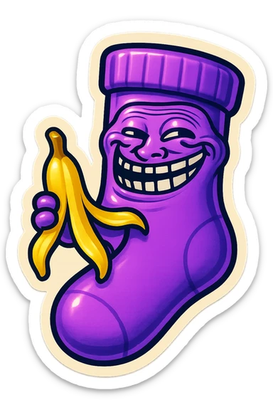 A neon-purple sock with a trolling face, holding a banana peel, representing trolling or pranks. sticker