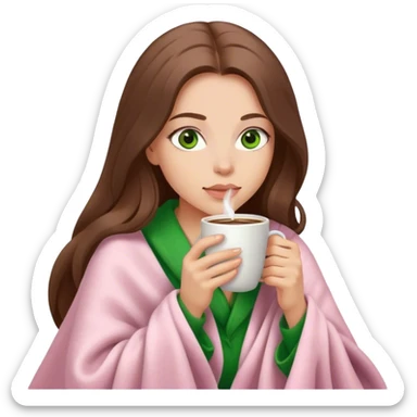 woman with very long brown hair and green eyes in a light pink blanket sipping coffee sticker