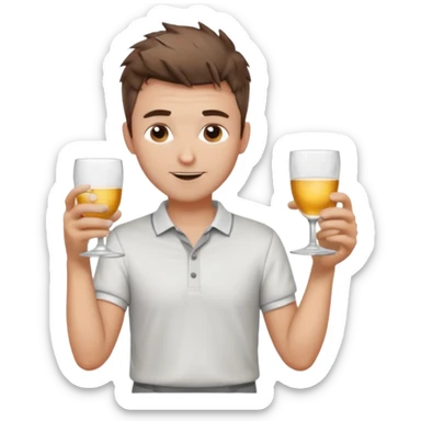 Handsome male.short messy brown hair.mowhawk hairstyle. wearing white golf shirt.grey shorts. Cheersing with a small glass sticker