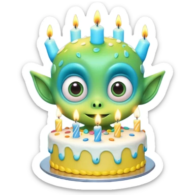 A cute friendly alien holding a birthday cake with candles, big expressive eyes, bright colors, cartoon style, playful atmosphere, 3D animated look, Pixar-inspired, highly detailed
 sticker