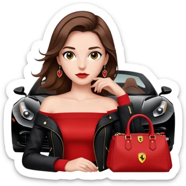 Girl with siren eyes brown hair off shoulder red top black jeans and ferrari jacket black prada purse  sticker