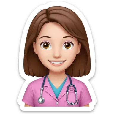 doctor, pink, she, hair brown, eyes black, scrub pink, white skin, longlong hair, smile sticker