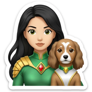 green power ranger wasian woman with long black hair and a fully light brown cockapoo dog sticker
