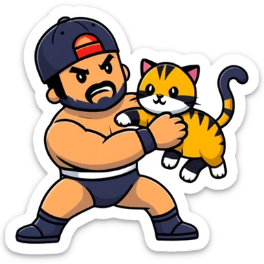 Razor Ramon wrestler from WWF defeating a cat wearing a cap sticker