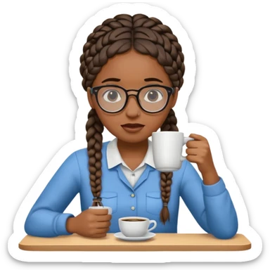 Make a black female software engineer with glasses  and braids coding, crying and drinking coffee sticker