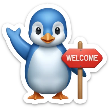 Blue penguin that holds very big welcome sign sticker