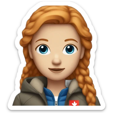 Straight ginger hair and blue eyes woman with a Canadian jacket sticker