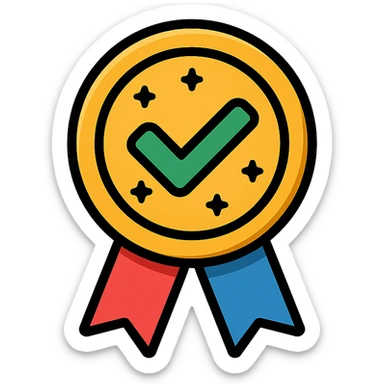 vector icon of a trusted product with gold and colorful elements, elegant and minimalist flat design, award badge style, 2D flat vector, trending icon look, soft shadows, no text, isolated on white background, perfect for commercial use sticker