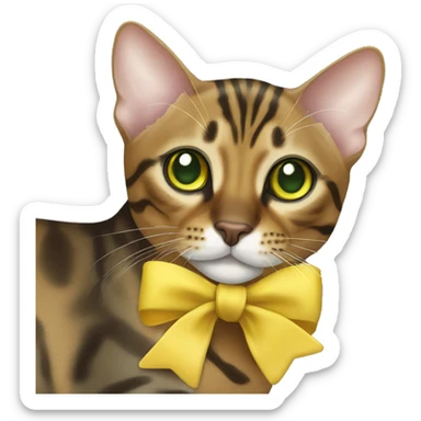 green-eyed bengal cat has a small yellow bow  sticker