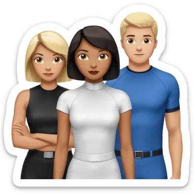 3 Friends standing side by side, charlie's angels style: 1 black woman with a short flat pressed bob, 1 hispanic man with a thin nose and long hair, and 1 white guy with blue eyes and a short brown-blonde haircut sticker