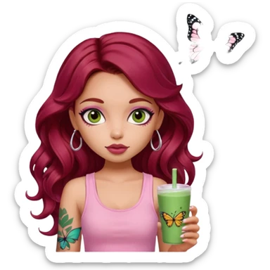 a pretty fair bratz girl with wavy dark red hair, wearing a pink tank top , carrying a matcha . eyeliner on. butterfly tattoo on arm sticker