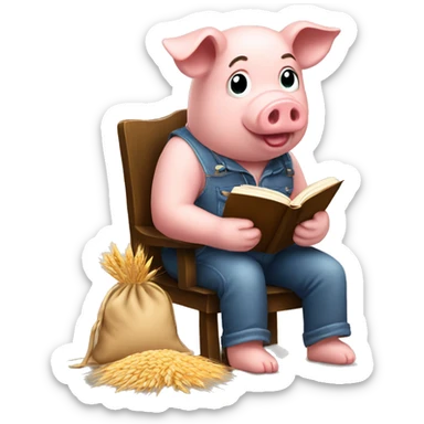 Pig reading a book sitting on a high chair with a bag of wheat on the floor  sticker