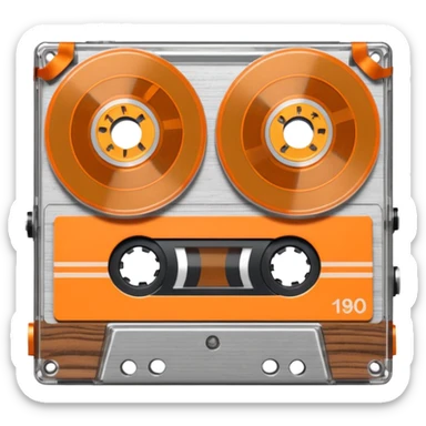 3D render of Cassette Tape, vintage 1980s audio equipment aesthetic, tactile analog buttons, transparent clear plastic with orange ribbon reels inside, mixed wood grain and brushed aluminum textures, Apple emoji style, isolated on white background --v 6.0 sticker