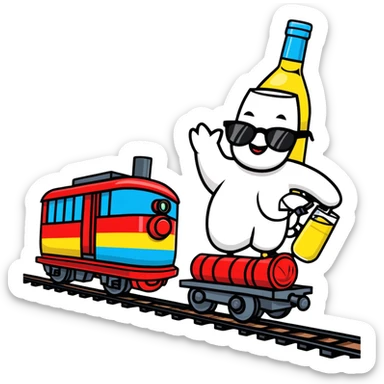 A comical locomotive partying with sunglasses, dancing on train tracks, holding vodka bottles like maracas sticker