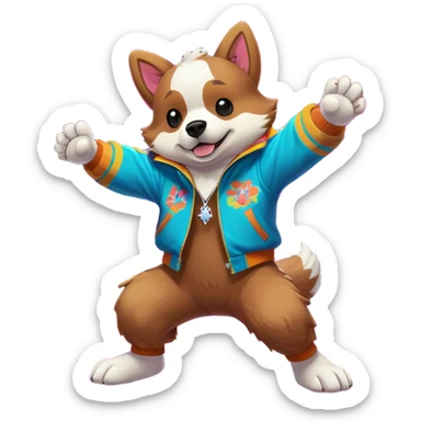 "A cartoon-style arcade dog performing a breakdance move. The dog has a playful and energetic expression, wearing a retro arcade-themed jacket with neon details. Its paws are mid-spin, with motion lines emphasizing movement. The background features a subtle pixel-art arcade floor, adding to the retro gaming aesthetic. The overall style is fun, dynamic, and full of energy. sticker