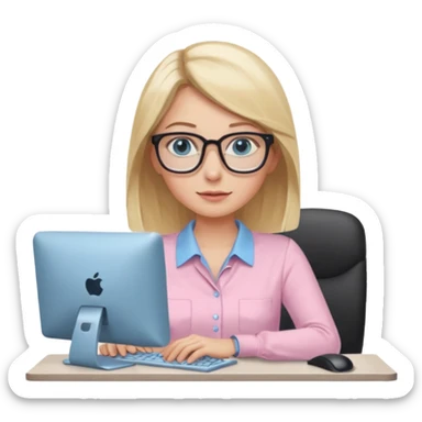 redattrice editoriale. Bionda, capelli lisci biondo scuro, lunghezza media. Occhi azzurri/blu con occhiali. è al pc a lavorare. Indossa una camicetta rosa chiaro sticker