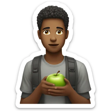 thoughtful young man indoors eat an apple sticker