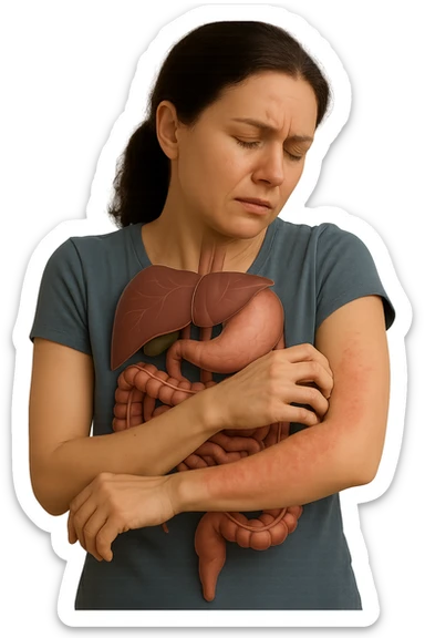 donna con intestino umano anatomico realistico che si gratta il braccio su cui ha un'eritema, iperrealistica 4k sticker