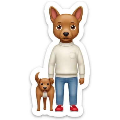 Brown dog standing upright with hands in jean pockets, wearing a white sweater and red shoes sticker