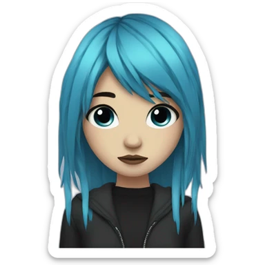 Sad emo girl, black makeup, long choppy blue hair side bangs sticker