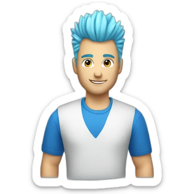 Blonde haired male wearing blue Apple shirt with faux hawk hair working in QA sticker