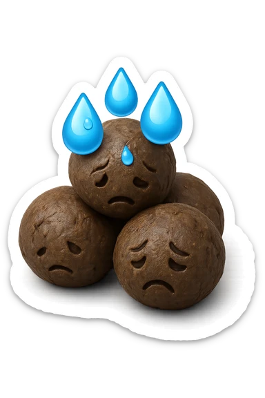 emoji stile iphone di una montagnetta di feci umane realistiche a palline tristi con sopra un simbolo delle gocce di acqua, iperrealistico 4k sticker