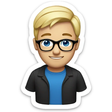 Man with short straight blonde hair and blue eyes with black glasses sticker