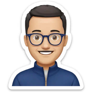 Light-skinned man with very short black hair (shorter buzz cut), short graying beard, big black glasses frames, happy smile, navy blue zip-up sweatshirt with long sleeves sticker